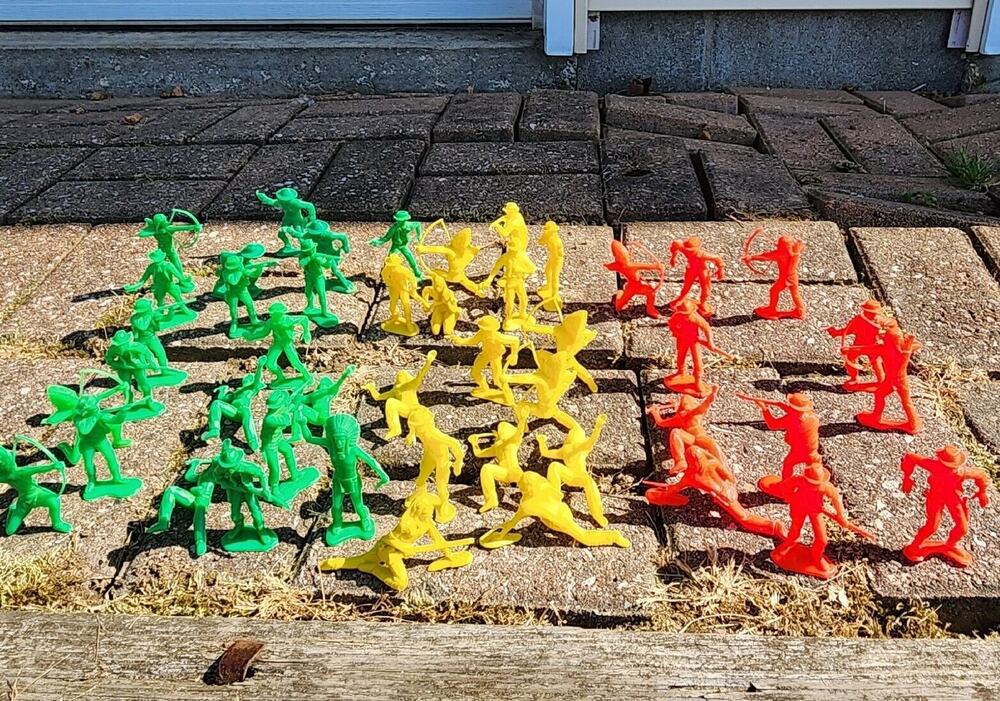 Vintage Toy Lot of 46 Cowboys Indian 2.5" Red Green Yellow Unbranded